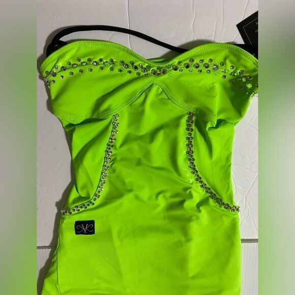 Kandi Kouture dance costume neon green SPOTLIGHT DRESS custom stoned XLC 10/12 - Picture 5 of 12